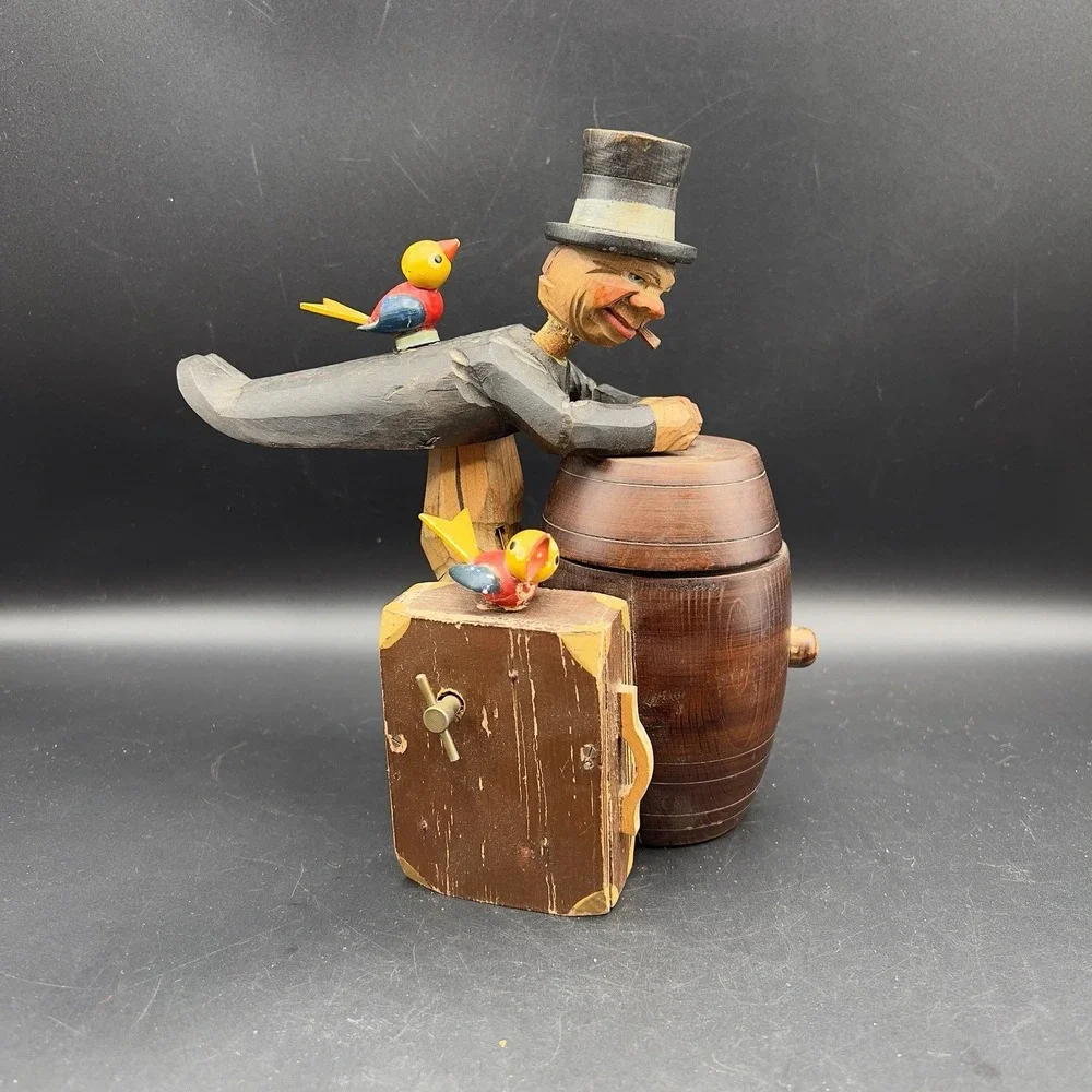 ANRI Carved Wood Drunk Man w Birds & Suitcase Music Box Barrel Cigarette‎ Holder